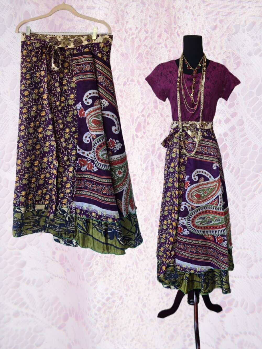 Wevez Silk Blend Reversible Wrap Skirt Boho Festival Gypsy Grunge Indie